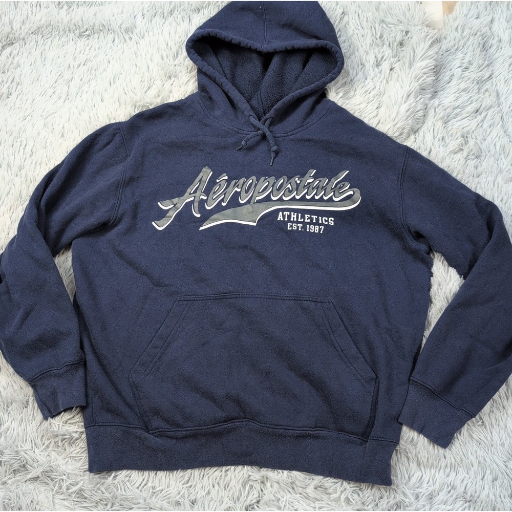 Vintage Aeropostale Sweatshirt Mens L Blue Hoodie Pocket Athletic Spellout